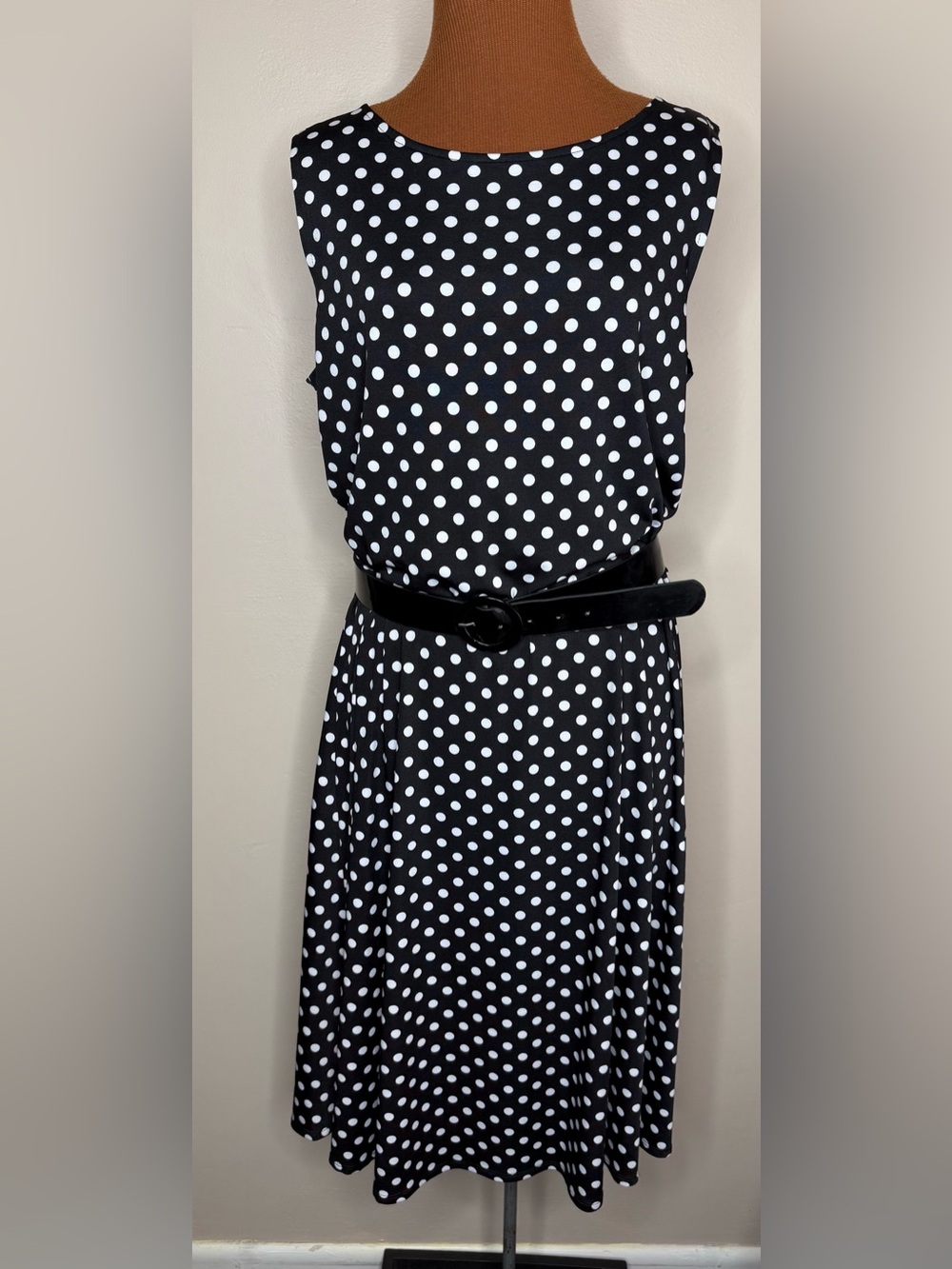 Perceptions Classic Black & White Polka Dot Sleeveless Dress Belted Size 14